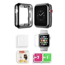 Apple Watch Chrome Tpu Case W glass Screen Protector Built In Corner & Edge Series 1 2 & 3 Cellular Lte gps Bumper Smooth Iwatch Gel
