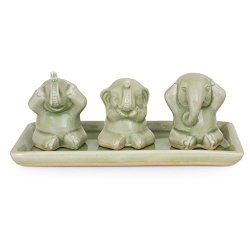 NOVICA Green Good Luck Celadon Ceramic Sculpture 2.6" 'elephant Life Lessons' Set Of 3