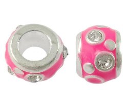 European Style - Silver - Drum - Spacer Beads - Hot Pink Enamel With Rhinestones