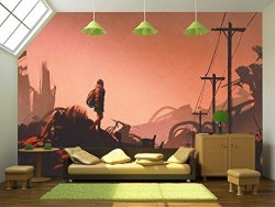 WALL26 - Woman Hiker Looking At Abandoned City Illustration Painting - Removable Wall Mural Self-adhesive Large Wallpaper - 100X144 Inches