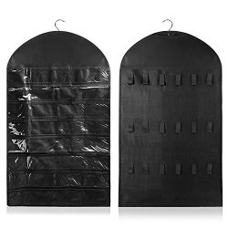 Flexzion Jewelry Organizer Non-woven Hanging Bag - Dual Side 32 Clear Pockets 18 Hooks & Loops Black