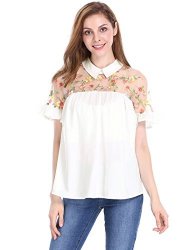 Allegra K Women's Floral Mesh Embroidery Collared Ruffle Cuff Top M White