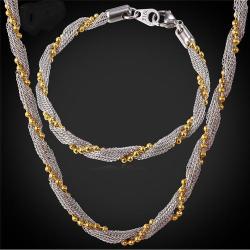 316l Stamped Stainless Steel Two-tone Gold Filled Rope Chain Necklace & Bracelet Set Free Gift Box