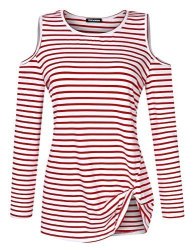Yesfashion Women Striped Long Sleeve Cold Shoulder Tops Twist Knot Blouses Red L
