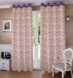 Lushomes White & Purple Lined Curtains Door Window Eyelet Floral Drapers LH-CRTN21B