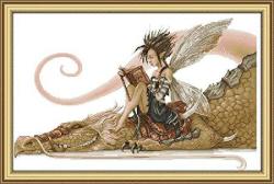 Joy Sunday The Girl Sits On The Dragon Reading A Book Counted Cross Stitch Kits Cross-stitch White Blank Fabric Embroidery Kit 14CT 21"X14"