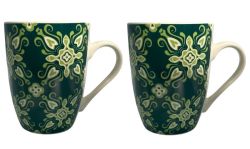 Ceramic Coffee Mug With Green Flower Design Print - Twin Pack
