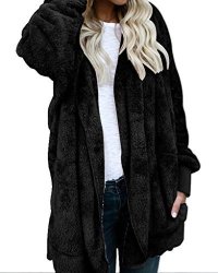 Annystore Womens Fuzzy Winter Open Front Sherpa Fleece Hooded Cardigan Jacket Coat Outerwear Black