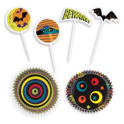 Wilton 48 Pack Halloween 3D Cupcake Baking Cup Cases & Decorating Picks Combo