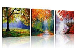 Qicai 4 Seasons Tree Canvas Wall Art Oil Paintings Printed Pictures Stretched For Home Decoration Ready To Hang Each Piece 12X12INCH 3PCS SET