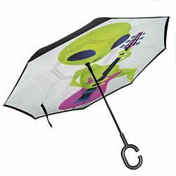 Mannwarehouse Popstar Party Car Reverse Umbrella Cartoon Alien Character Playing Electric Guitar Music Monster Reversible Folding Double Layer 42.5"X31.5"INCH Apple Green Pink Navy Blue