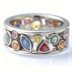 Vintage Band Ring Silver Plated Inlaid Gemstone In Egg Shape Retro Flower Carving On The Band Suitable For Men And Women Dupes Luxury Jewelry