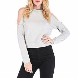 Alangbudu Women Cold Shoulder Bead Decor Keyhole Long Sleeve Pullover Casual Loose Tops Sexy Blouse Office Shirt Tunic Gray