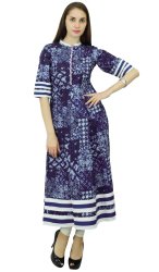 Phagun Womens Indian Cotton Tunic Floral Kurta Blue & Off White Short Sleeves Kurti PCKL368A
