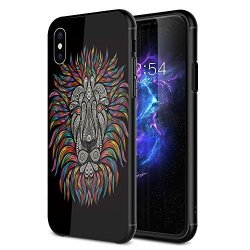 For Iphone X Case Matte Finish Tpu Bumper + Animal Pattern Tempered Glass Hard Back Cover Protective Shock-absorption & Anti-scratch Hybrid Case Cover Lion
