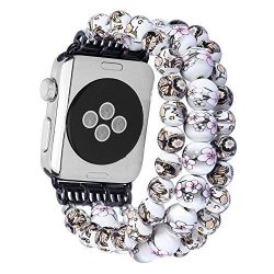 Apple Watch Band 38MM Handmade Elastic Stretch Ceramic Beads Bracelet Fashion Print Replacement Iwatch Band Strap 38MM Apple Watch Series 3 2 1 White grey