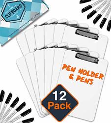 Dry Erase Clipboard + Pen Holder + Markers 12PC Set Of 12 Clip Boards Multi Pack With Whiteboard Pens 12.5 X 9 Inch Holds