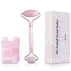 Rose Quartz Face Roller Set By Glow Hero Facial Massager For Puffiness With Gua Sha Tool 2-IN-1 Kit