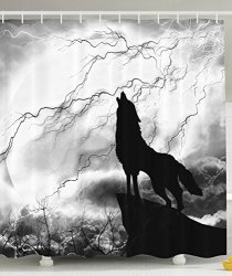 Black Wolf Silhouette Howling Thunderstorm Full Moon Light Mystic Night Gray White And Black Monochrome Scary Scene Art Decorations Charcoal Bathroom Decor Polyester Fabric