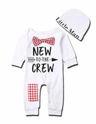 2PCS Newborn Baby Boy Fall Outfits Set New To The Crew White Pajamas Jumpsuit Romper+little Man Letter Print Hat Jumpsuit Style-red 0-3 Months