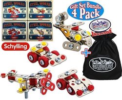 Schylling Steel Works Micro Kits Racer 1 Racer 2 Airplane & Helicopter Complete Gift Set Bundle Wi