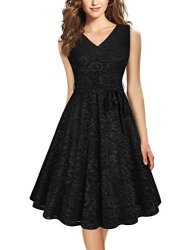 Furnex Black Lace Dress Fit And Flare Ladies Dress V Neck Sleeveless 1950S Retro Dresses For Women Knee Length Cocktail Party Dress Large Black