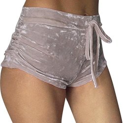 Women Soft Stretchy Drawstring High Waist Velvet Club Shorts With Drawstring Workout Yoga Hot Shorts Khaki XL