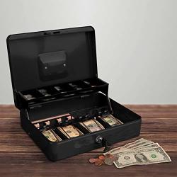 Stalwart Cash Box - Locking Steel Petty Cash Safe With Coin Tray And Spring-loaded Money Clips For Yard Market And Concession Stand Black