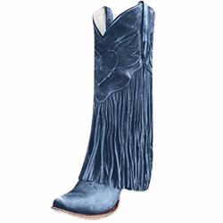 Happylove Women's Fringe Western Cowboy Boot Mid-calf Boots Female Cowboy Low Heel Fashion Tassel Boots Blue