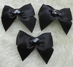 6 Pcs Black Satin Bows With Rhinestone Centre - Ready To Embellish Headbands Or Shoes Or Cards