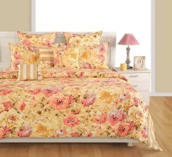Yuga 3 Piece Set Of Beige & Salmon Queen Size Cotton Bed Sheet With Pillow Covers YU-BD-1315-6