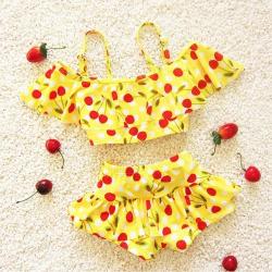 Baby Girl Bikini 2 Pieces Cherry Pattern Tankinis Set Cute Swimsuit Size: M Yellow