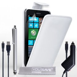 Yousave Accessories Nokia Lumia 630 Case White Pu Leather Flip Cover With Stylus Pen Car Charger And Micro USB Cable