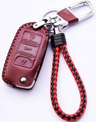 Wine Red Leather Cover Etui Shell For Volkswagen Vw Skoda Seat 3-BUTTON Keyless Entry Remote Flip Car Key Fob Holder Protective Case Bag With