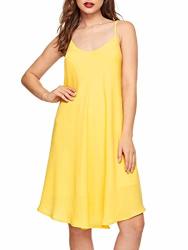 Romwe Women's Adjustable Strap Summer Beach Sleeveless Casual Loose Swing Dress Yellow S
