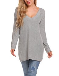 Zeagoo Womens Casual Hollow Knit V-neck Pullover Loose Fit Long Sweater Tops Blouse Grey xl