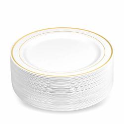 50 Plastic Disposable Dessert appetizer Plates 7.5 Inches White With Gold Rim Real China Look Ideal For Weddings Parties Catering Heavy Duty & Non Toxic 50-PACK By Bloomingoods