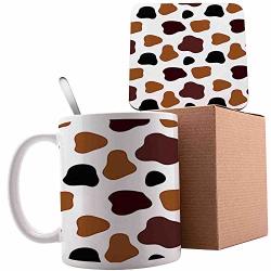 Cow Skin Animal Spots Milk Dalmatian Barnyard Camouflage Dots White Brown Black Ceramic Mug With Spoon & Coaster Creative Morning Milk Coffee Tea Porcelain
