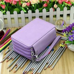 72 Holders 4 Layers Handy Pu Leather School Pencils Case - Purple