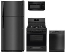 Frigidaire 4-PIECE Black Kitchen Package FFTR1821TB 30 Top Freezer Refrigerator FFGF3054TB 30 Gas Freestanding Range FFMV1645TB 30 Over The Range Microwave And FFBD2406NB 24