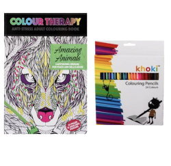 Adult Animal Anti-stress Colouring Book With 24 Colouring Pencils