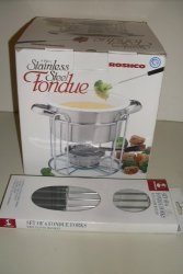 9 Piece Stainless Steel Fondue Including Pot Fork Guard Chafing Fuel Burner Forks Stoneware Insert And Stand