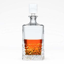 Diamond Cut Pattern Extra Tall Rectangular Premium Whiskey Crystal Glass Decanter & Glass Stopper Cognac Bourbon Bottle By Fine Occasion