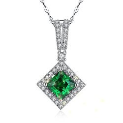 Mabella Princess Cut Simulated Green Halo Emerald Necklace With 925 Sterling Silver Pendant Elegant Jewelry Gift For Women