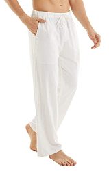 Yukaichen Men's Casual Beach Pants Drawstring Cotton Linen Loose Open Bottom Yoga Trousers Pockets White L
