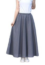 Soojun Women's Solid Cotton Linen Retro Vintage A-line Long Maxi Skirts Dark Grey Length 90CM