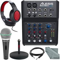 Alesis Multimix 4 USB Fx 4-CHANNEL Mixer & USB Audio Interface Deluxe Bundle W microphone + Headphones + Cables + MIC Stand + Fibertique Cloth
