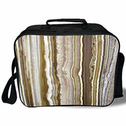 Insulated Lunch Bag Apartment Decor Onyx Marble Rock Themed Vertical Lines And Blurry Stripes In Earth Color Mustard Brown For Work school picnic Grey