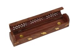 Ananta Handmade Wooden & Brass Incense Sticks & Cone Burner Coffin Box - Elephants