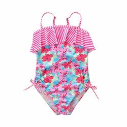 Yagata Baby Girls One Piece Floral Print Swimwear Ruffle Bandage Halter Stripe Bikini Swimming Suit Beachwear Pink